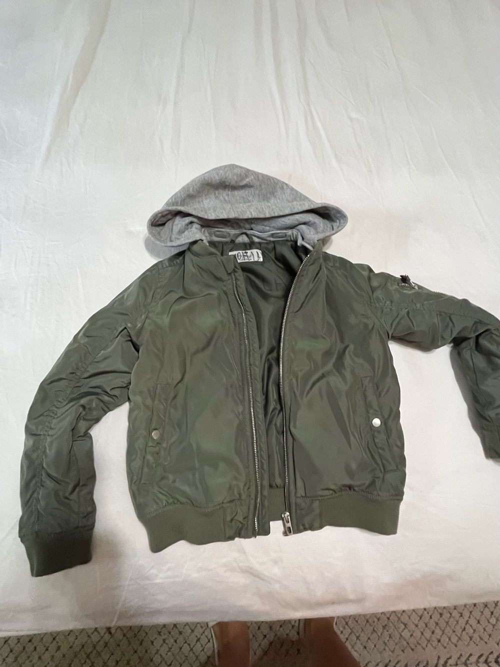 Kids Olive Green Puffer Jacket with Gray Hood
